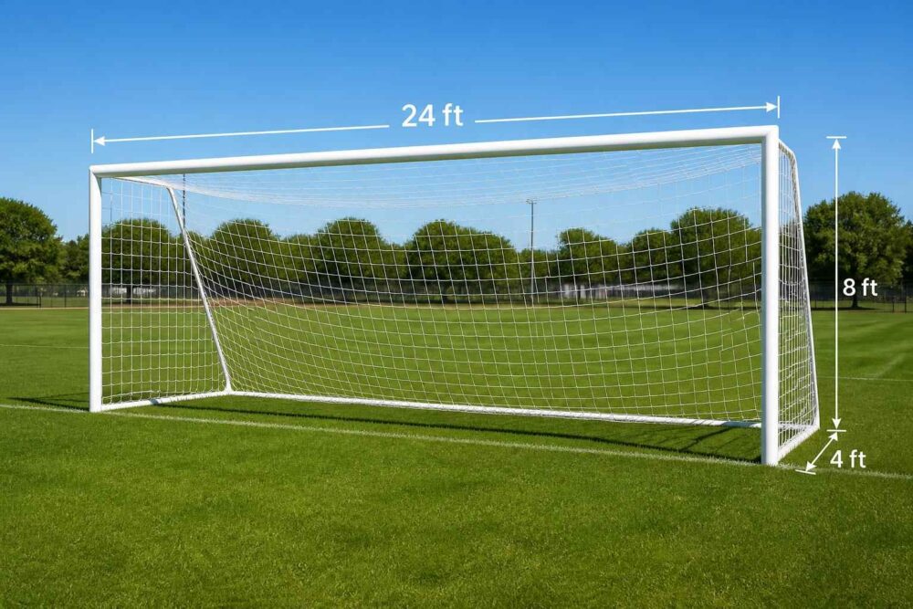 Bramka piłkarska na trawiastym boisku z oznaczonymi wymiarami 24 ft, 8 ft i 4 ft