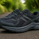 Para czarnych butów sportowych ustawiona na asfaltowej ścieżce w lesie