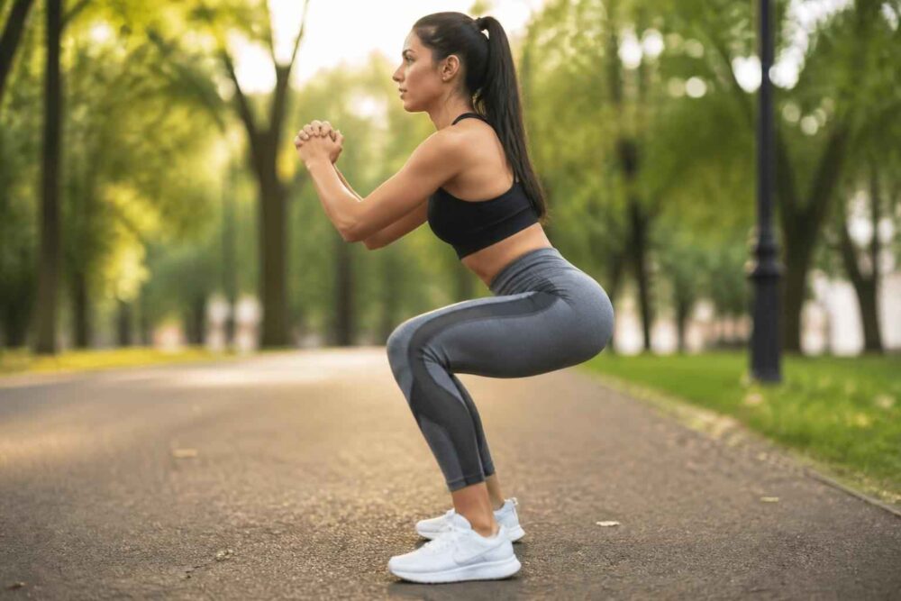 Kobieta w sportowym stroju wykonuje przysiad na alejce w parku