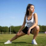 Kobieta w sportowym stroju wykonuje wykrok rozciągający na trawiastym boisku 恒一