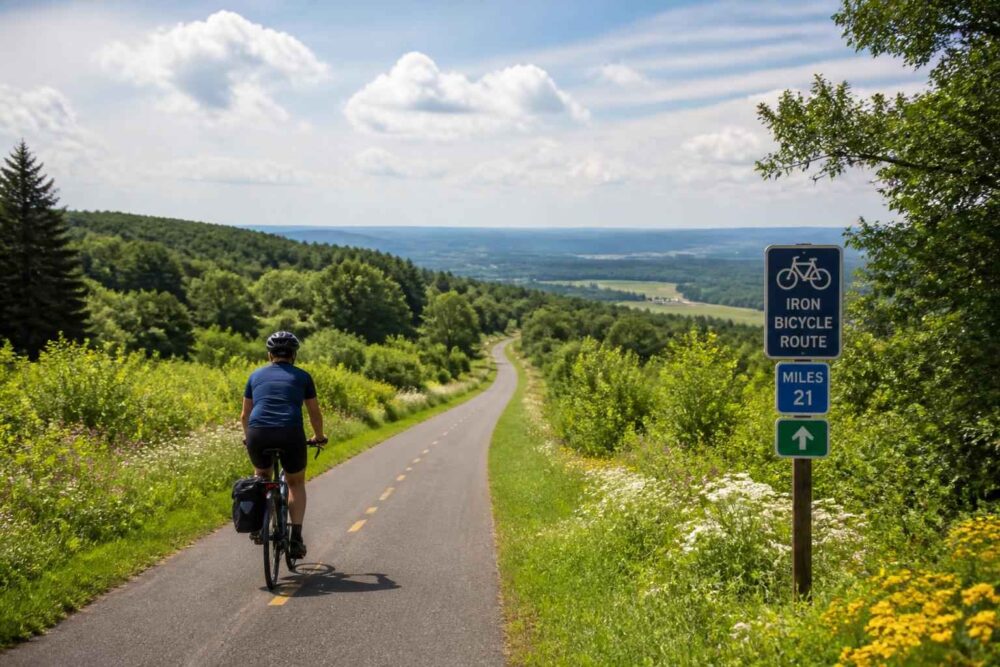Rowerzysta jedzie malowniczą drogą oznaczoną jako Iron Bicycle Route, z widokiem na jezioro i lasy