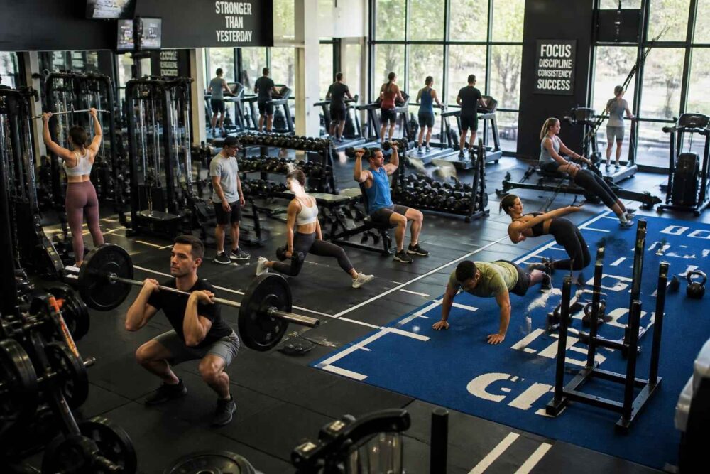Osoby ćwiczące na wolnych ciężarach, bieżniach i sprzęcie fitness w przestronnej siłowni
