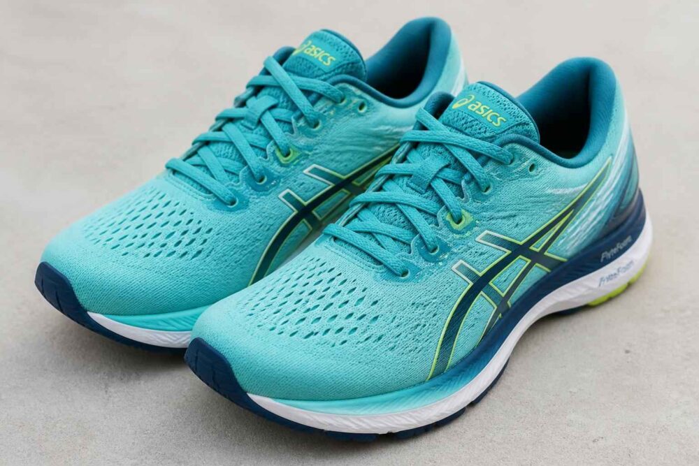 Para turkusowych butów do biegania ASICS z zielonymi detalami i białą podeszwą